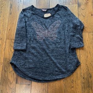 NWT SJS Gray Butterfly Embellished Women's 3/4 Sleeve Top